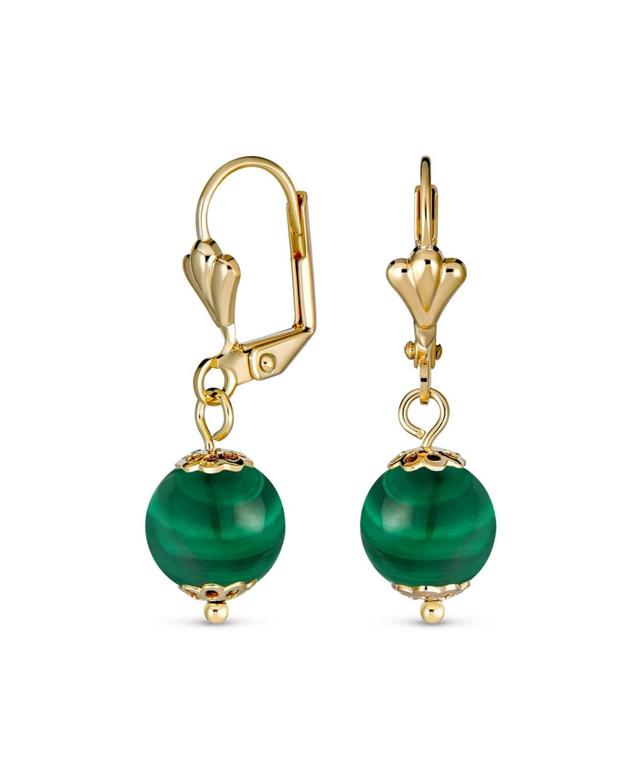 Bling Jewelry Classic Elegant Simple Round Malachite Dangle Lever Back Drop Ball Earrings For Women Polished Yellow 18K Gold Plated Brass 8MM - Product Image