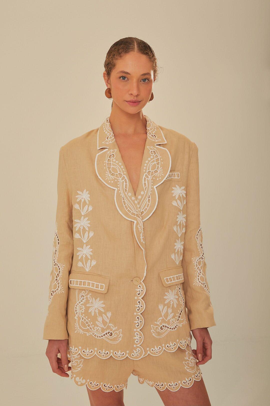 Khaki Embroidered Euroflax Premium Linen Blazer, KHAKI / XL Product Image