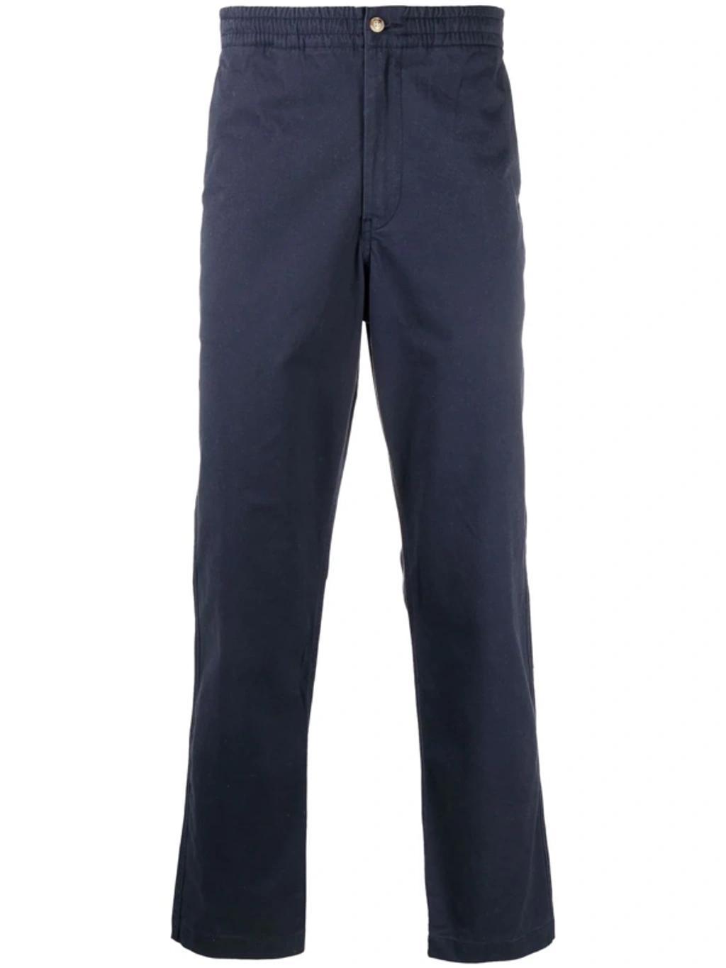 Navy Cotton Straight-leg Trousers In Blue Product Image