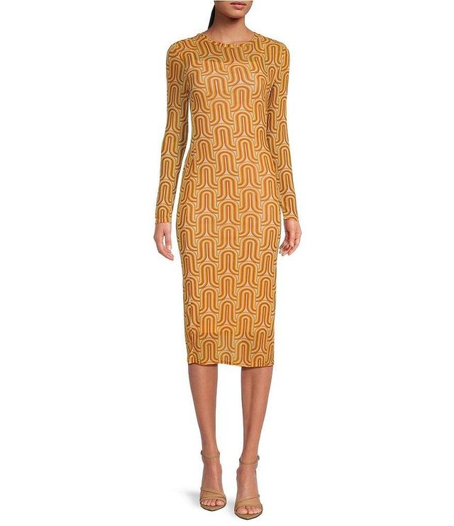 Gianni Bini Matty Printed Mesh Crew Neck Long Sleeve Midi Dress Product Image