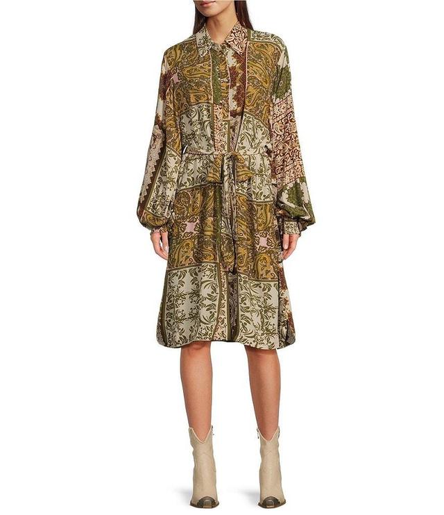 Talisman Annabelle Paisley Gardens Patchwork Border Print Button Front Tie Waist 3/4#double; Lantern Sleeve Above the Knee Dress Product Image