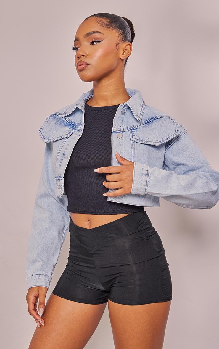 Light Blue Wash Super Cropped Boxy Denim Jacket Product Image