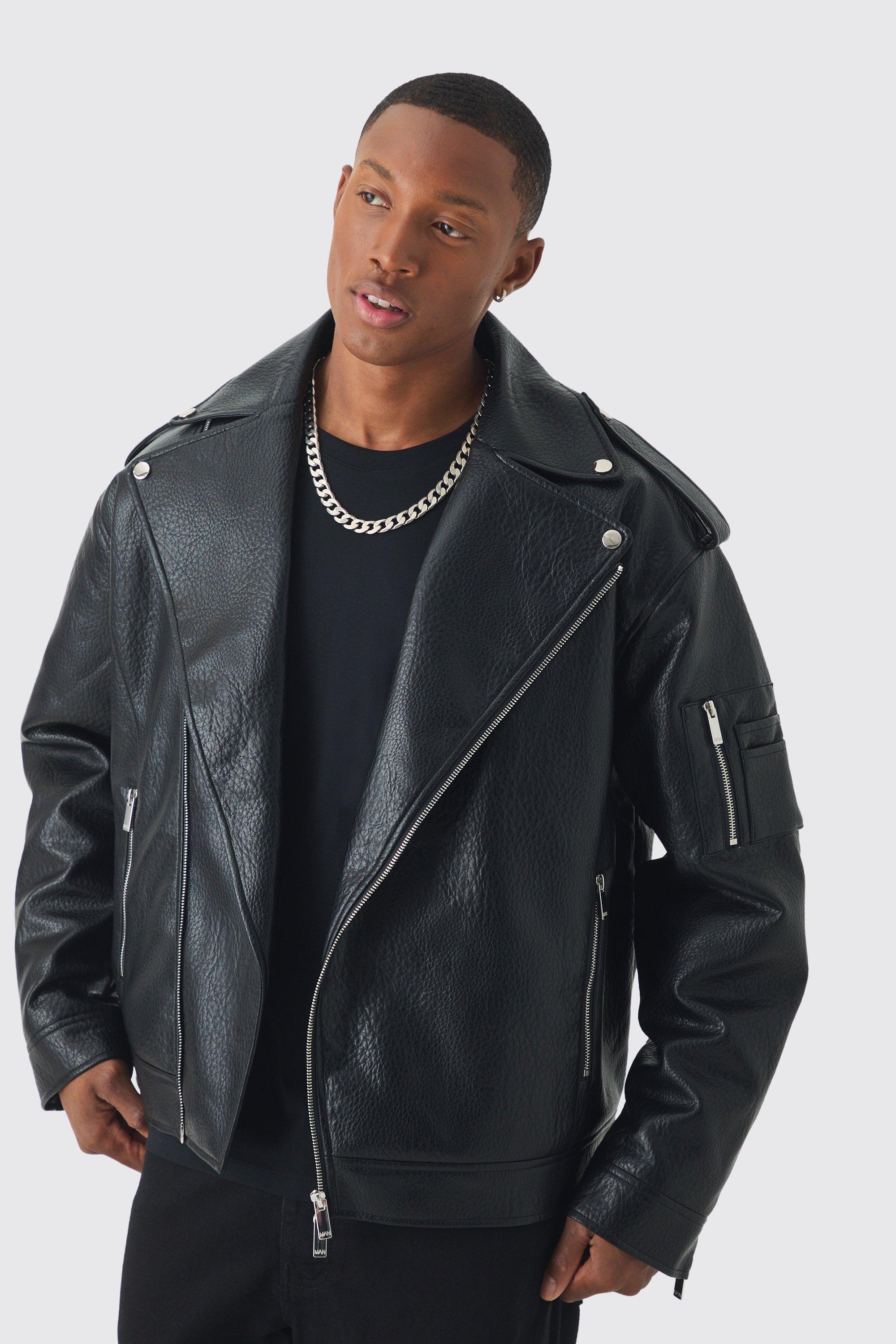 Extreme Oversized Textured PU Biker Jacket In Black | boohooMAN USA Product Image