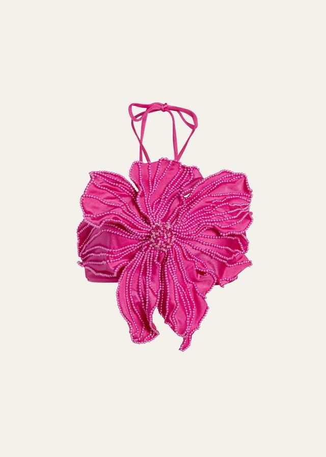 PatBO X Alessandra Ambrioso Beaded Flower Bikini Top in Fuchsia. Product Image