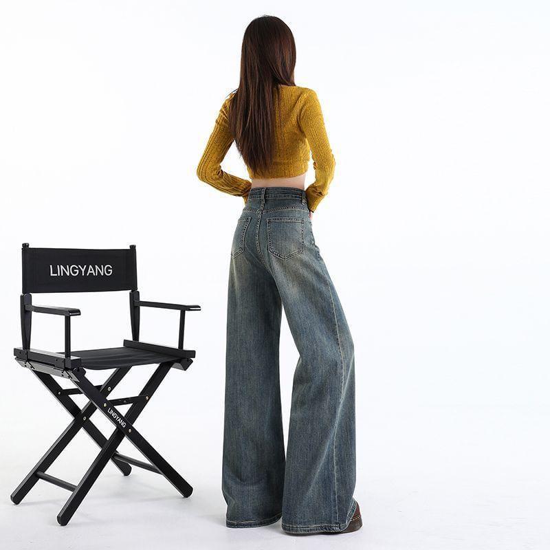 Mid Waist Studded Washed Wide Leg Jeans Product Image