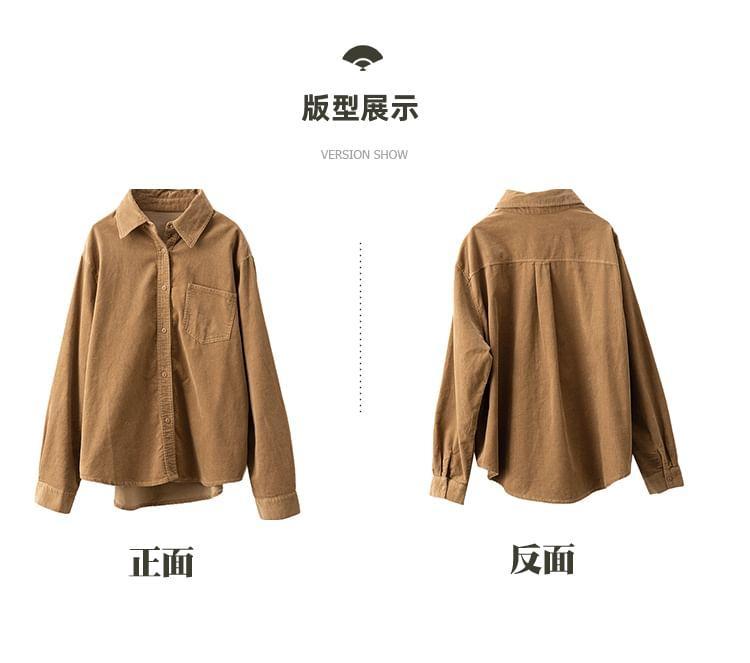 Long-Sleeve Plain Pocket Detail Corduroy Shirt Product Image