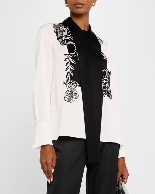 Embroidered Tie-Neck Blouse Product Image