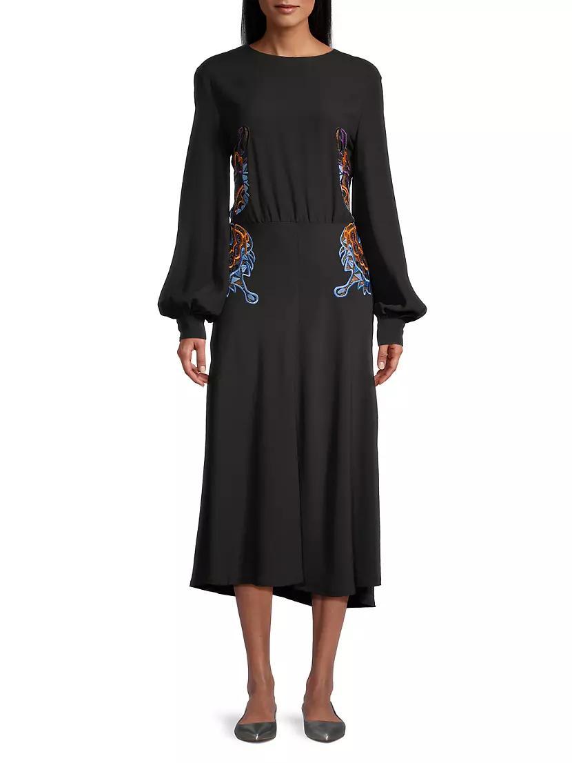 Embroidered Balloon-Sleeve Midi-Dress Product Image