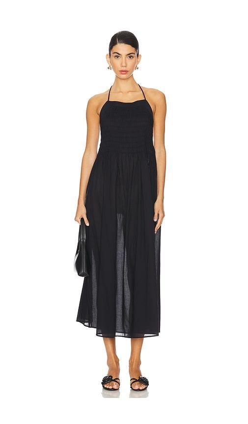 Womens Black Iris Shirred Cotton Midi Dress Product Image