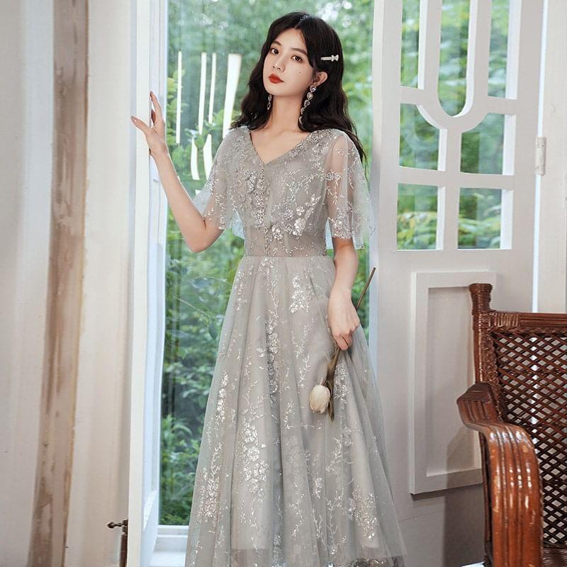 Short-Sleeve V-Neck Sequin A-Line Evening Gown Product Image