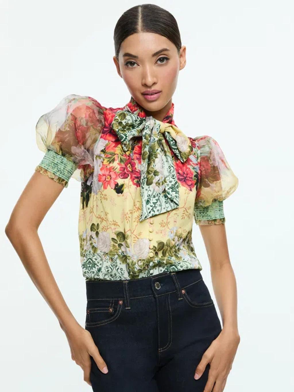 ALICE AND OLIVIA Brentley Tie Neck Puff Sleeve Blouse In Multicoloured 1 Product Image