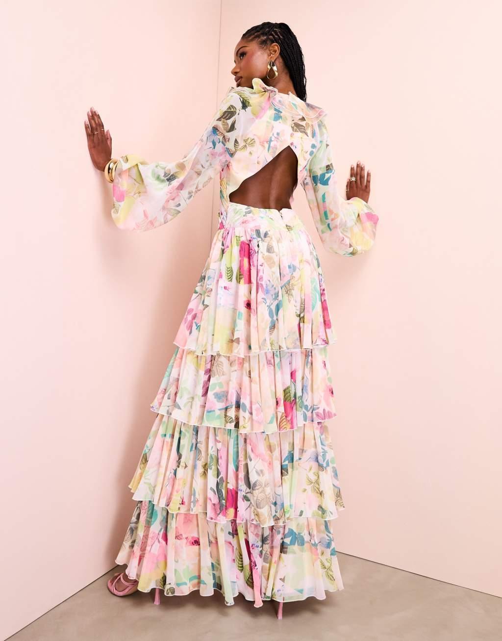 ASOS LUXE organza ruffle high low maxi dress in floral print Product Image