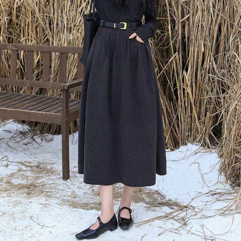 High Waist Plain Midi A-Line Pleated Skirt Product Image