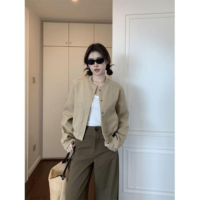 Plain Button Bomber Jacket / High Waist Wide Leg Pants Product Image