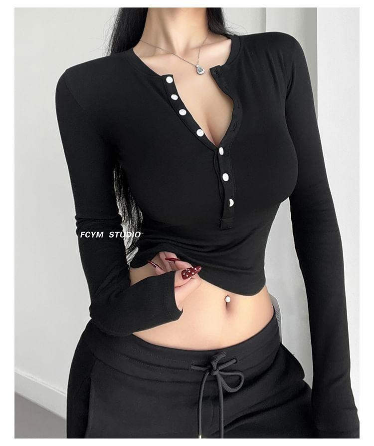 Long-Sleeve Slim-Fit Crop Henley Product Image