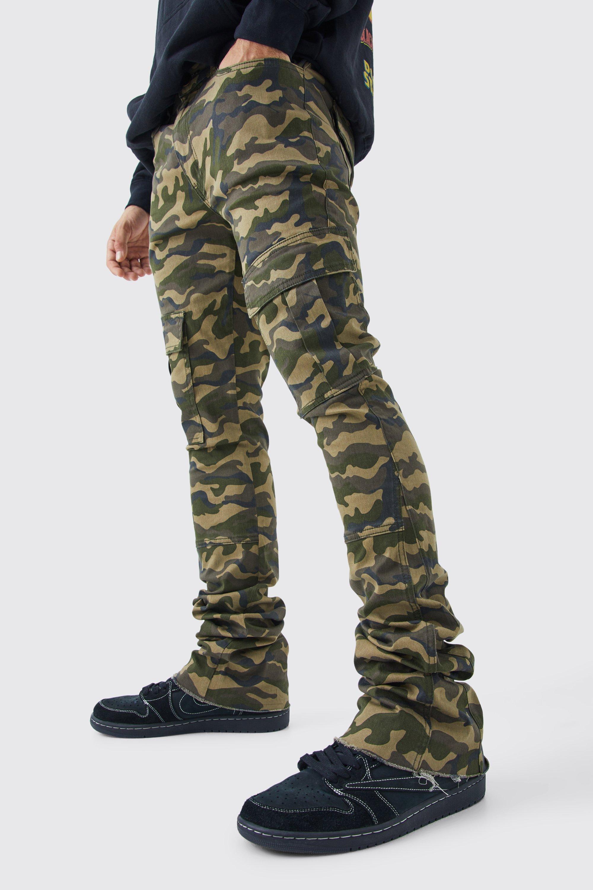 Skinny Stacked Flare Gusset Camo Cargo Pants | boohooMAN USA Product Image