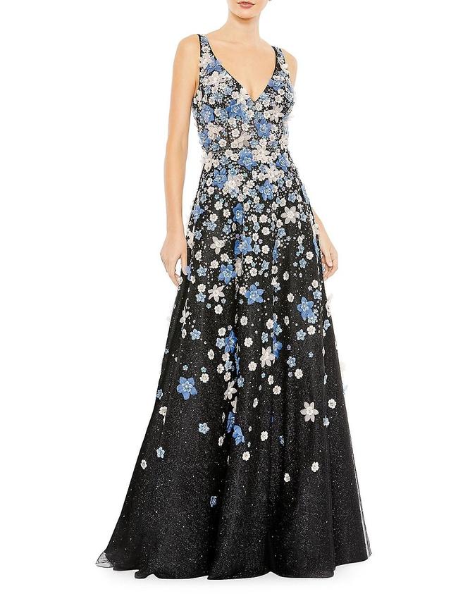 Womens Floral Appliqu V-Neck A-Line Gown Product Image