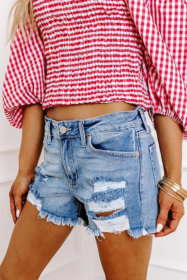 Just USA The Tyra Midrise Distressed Shorts in Light Wash Product Image