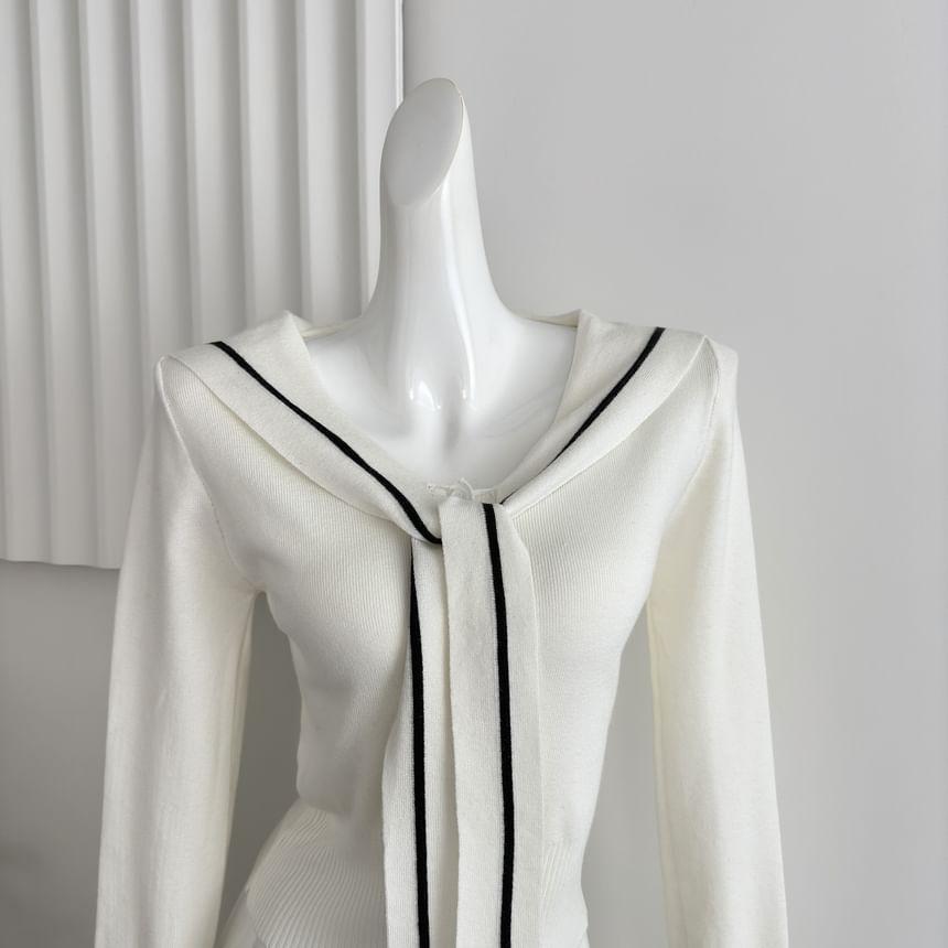 Long-Sleeve V-Neck Sailor Collar Knit Top Product Image