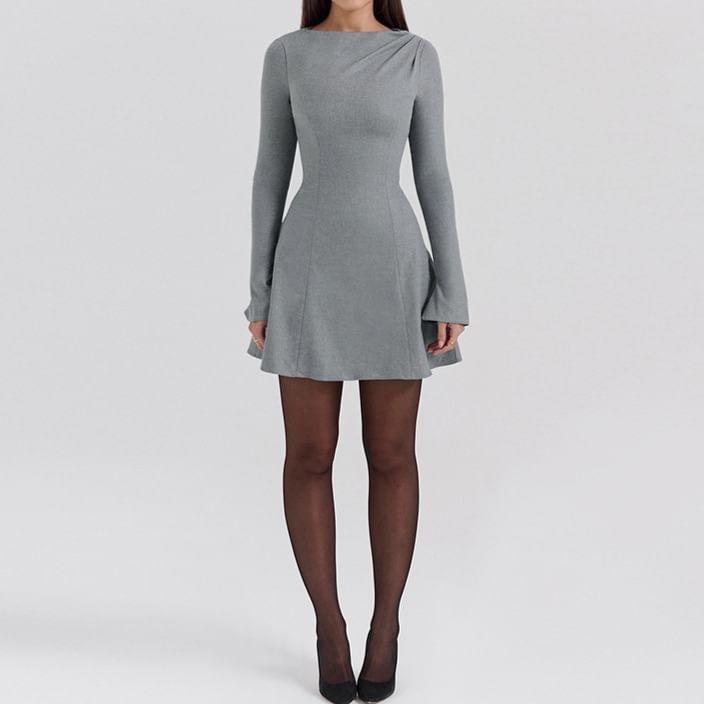 Long Sleeve Boat Neck Plain Panel Mini A-Line Dress Product Image