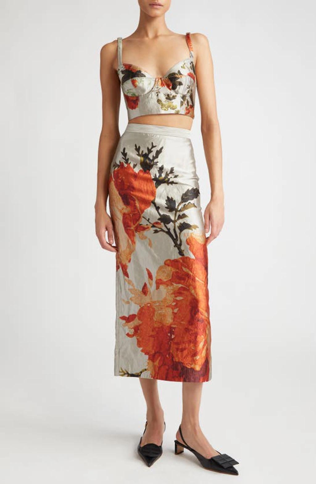 Floral-printed Pencil Midi Skirt In Orange Product Image