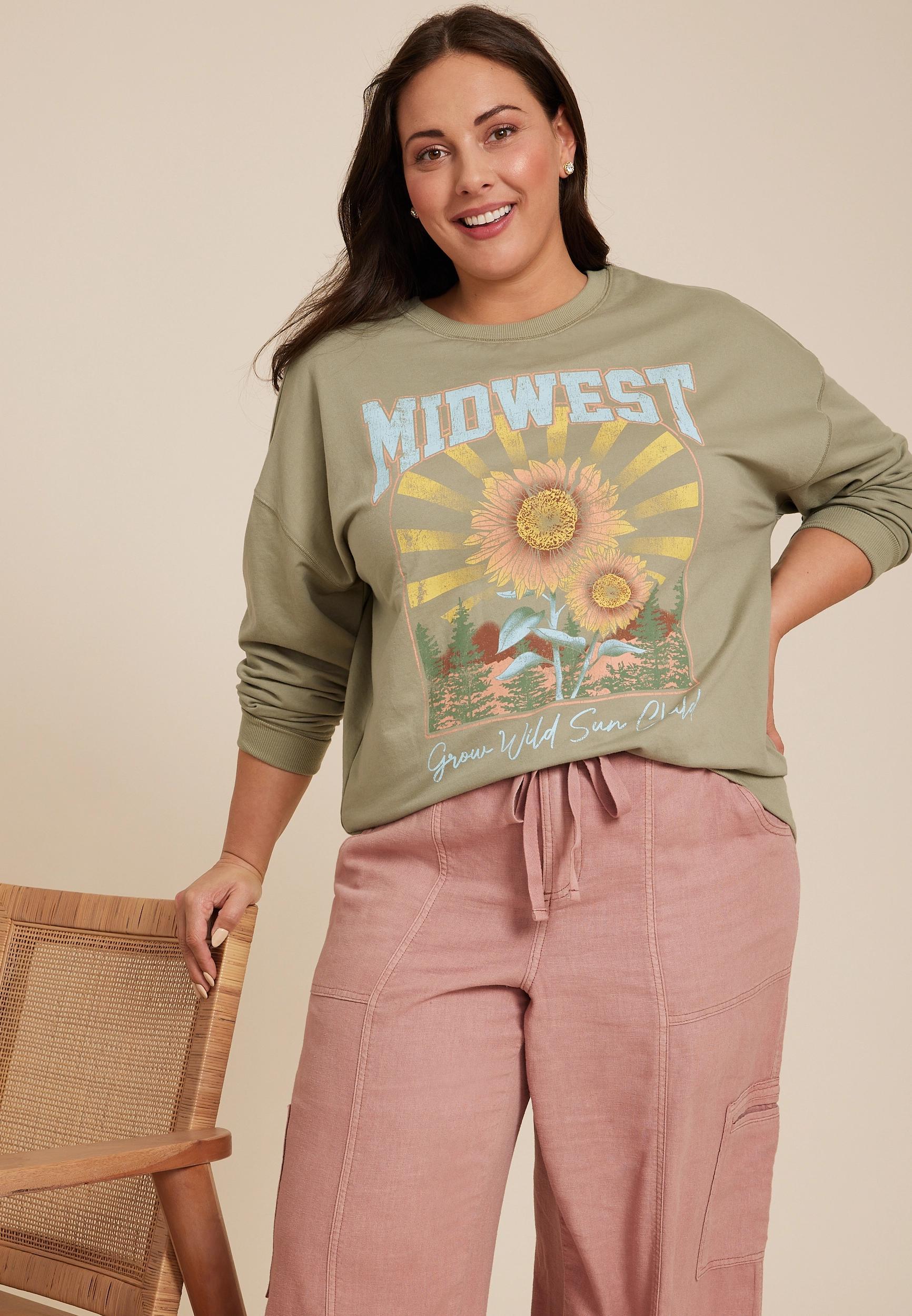 Maurices Plus Size Womens Midwest Grow Wild Sun Child Sweatshirt Green Size 0X Product Image