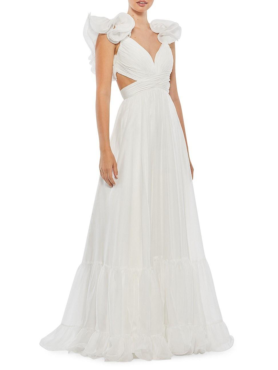 Ieena Mac Duggal Chiffon V-Neck Sleeveless Cut-Out Strappy Back Detail Tiered Ruffle Hem Gown Product Image