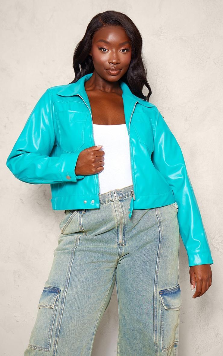 Plus Teal Pu Pocket Detail Casual Jacket Product Image