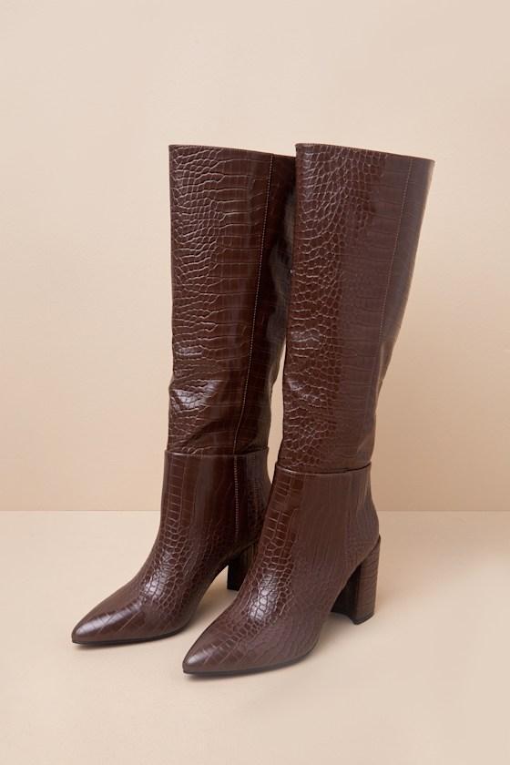 Katari Espresso Croc-Embossed Pointed-Toe Knee High Boots product image