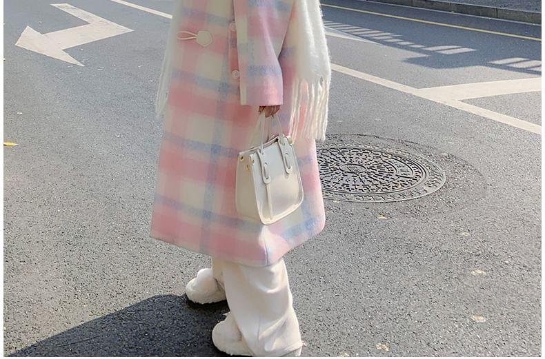 Collared Plaid Toggle Long Coat Product Image