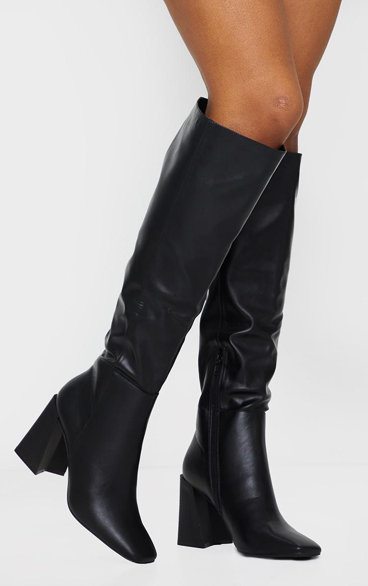 Black PU Flare Block Heel Square Toe Knee High Boots Product Image