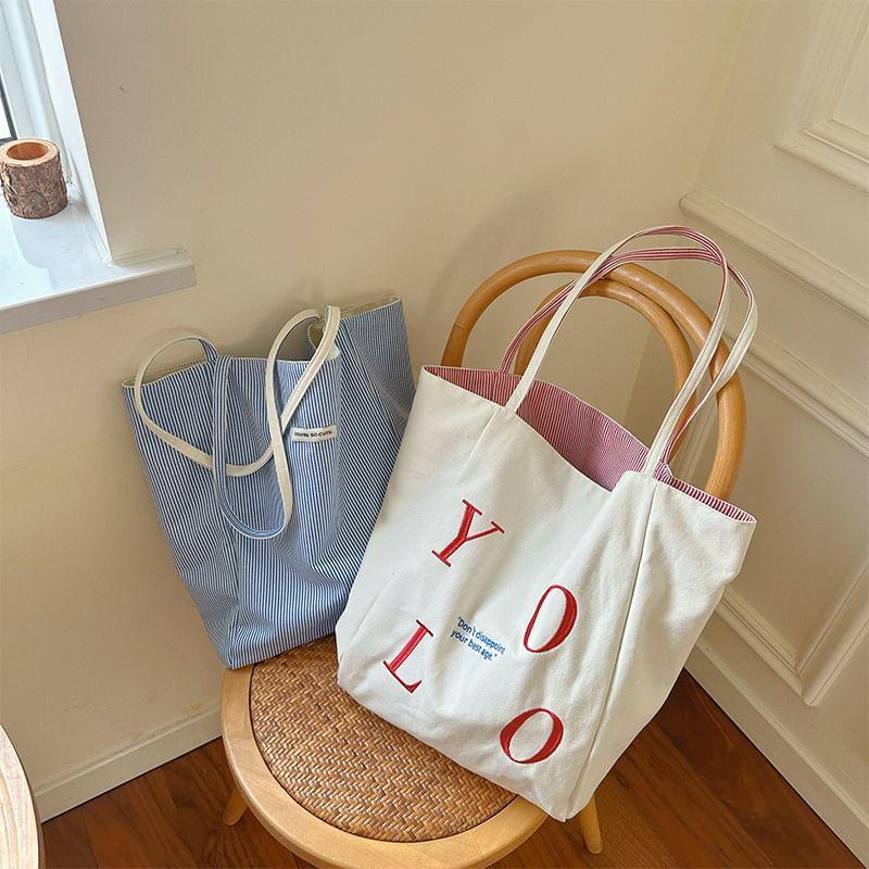 Lettering Embroidered Canvas Tote Bag Product Image