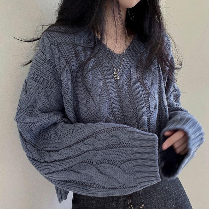 V-Neck Long-Sleeve Plain Cable Knit Sweater Product Image