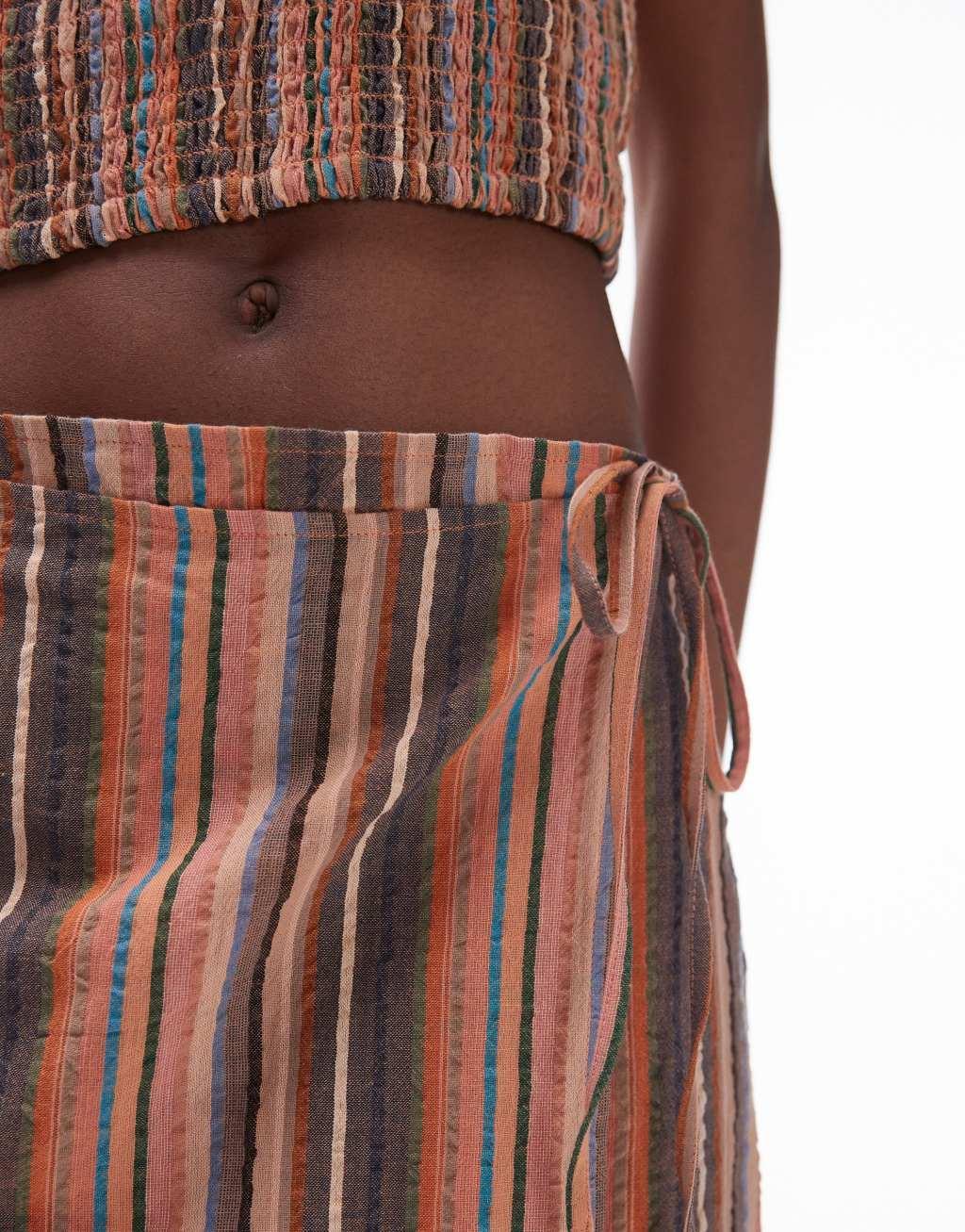 Topshop textured wrap beach skirt in brown stripe Product Image