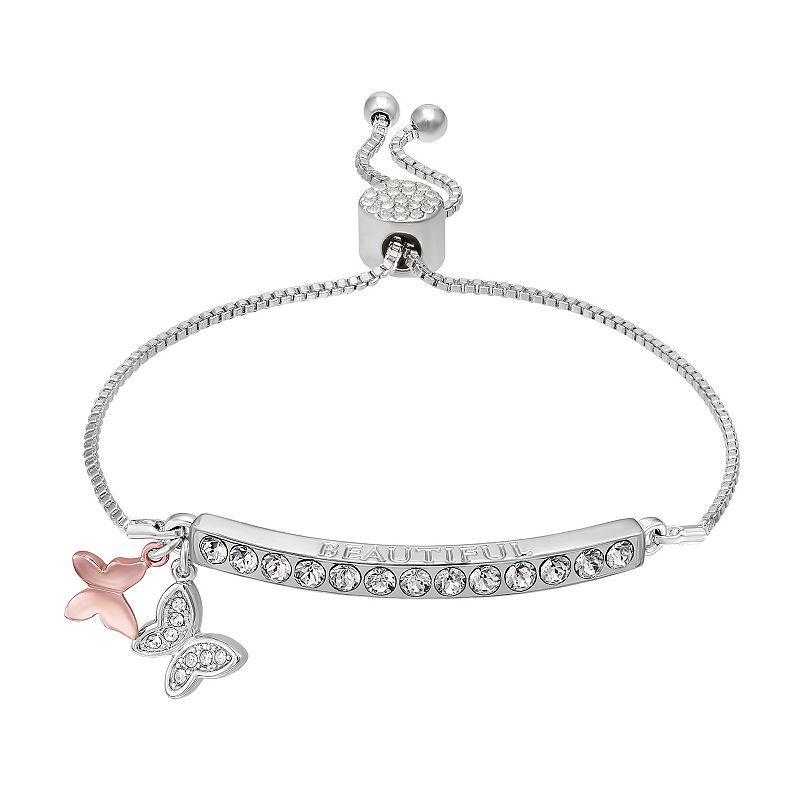 Brilliance Crystal Butterfly Charm Adjustable Bar Bracelet, Womens Two Tone Pink Clear Product Image