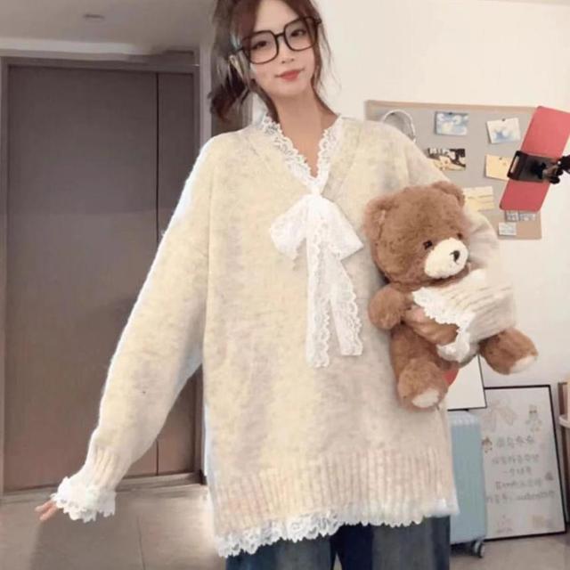 V-Neck Plain Bow Lace Trim Oversized Sweater Product Image