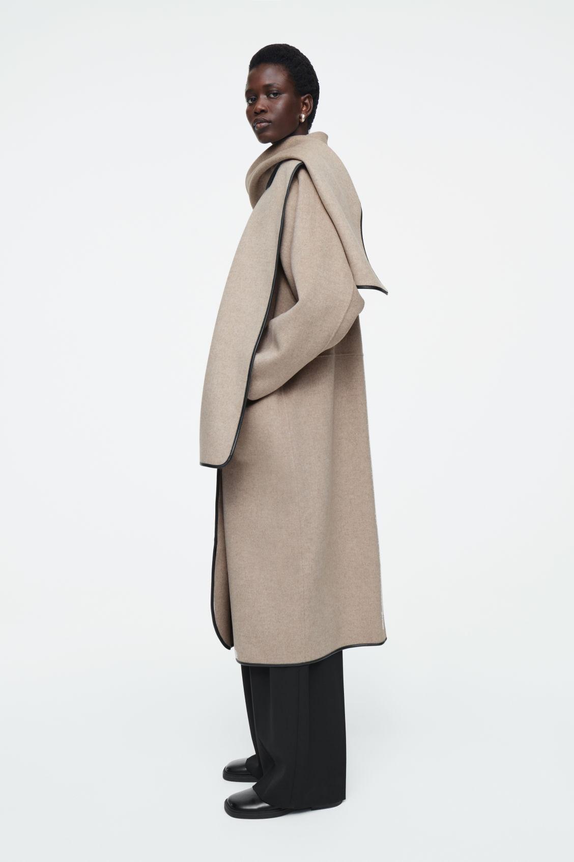 LEATHER-TRIMMED WOOL SCARF COAT Product Image