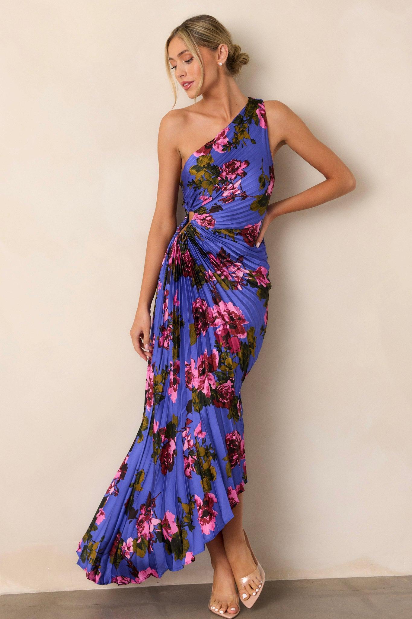 Poetic Charm Violet Floral Asymmetric One Shoulder Maxi Dress Product Image