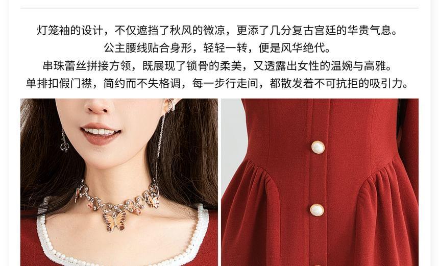 Long Sleeve Square Neck Faux Pearl Trim Button Gathered Midi A-Line Dress Product Image