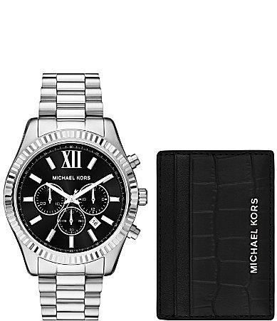 Michael Kors Mens Lexington Chronograph Stainless Steel Watch and Card Case Gift Set 44mm - Silver-tone Product Image