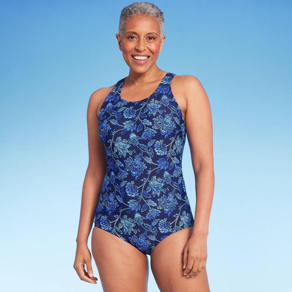 Lands End Womens UPF 50 Full Coverage Floral Print High Neck Tugless One Piece Swimsuit - Blue Multi M Product Image