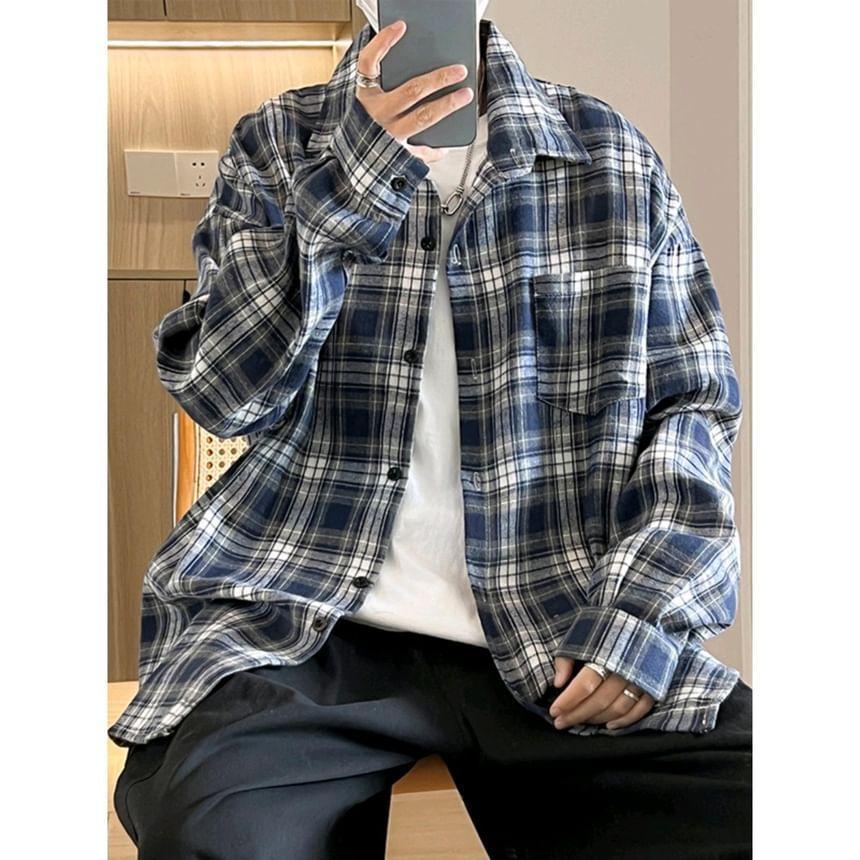 Long-Sleeve Pocketed Plaid Shirt Product Image