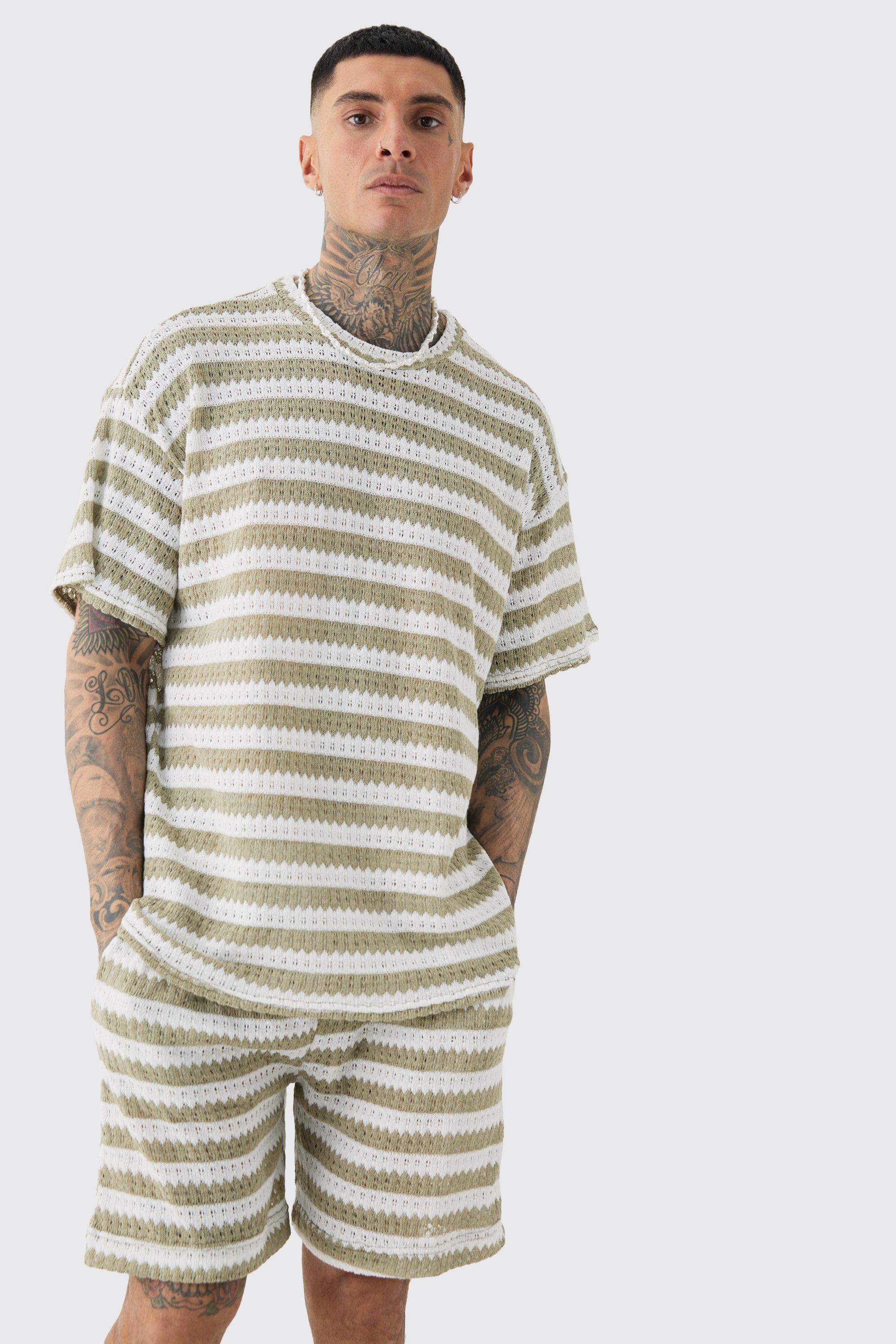 Tall Crochet Striped T-shirt & Short Set | boohooMAN USA Product Image