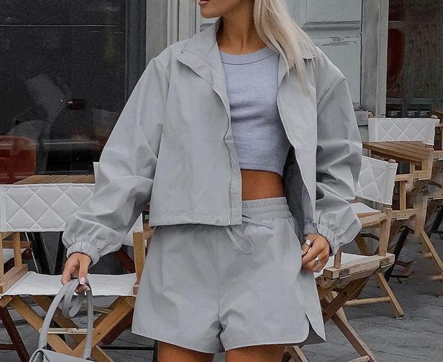 Set: Stand Collar Plain Zip-Up Crop Jacket + High Waist Wide Leg Shorts Product Image