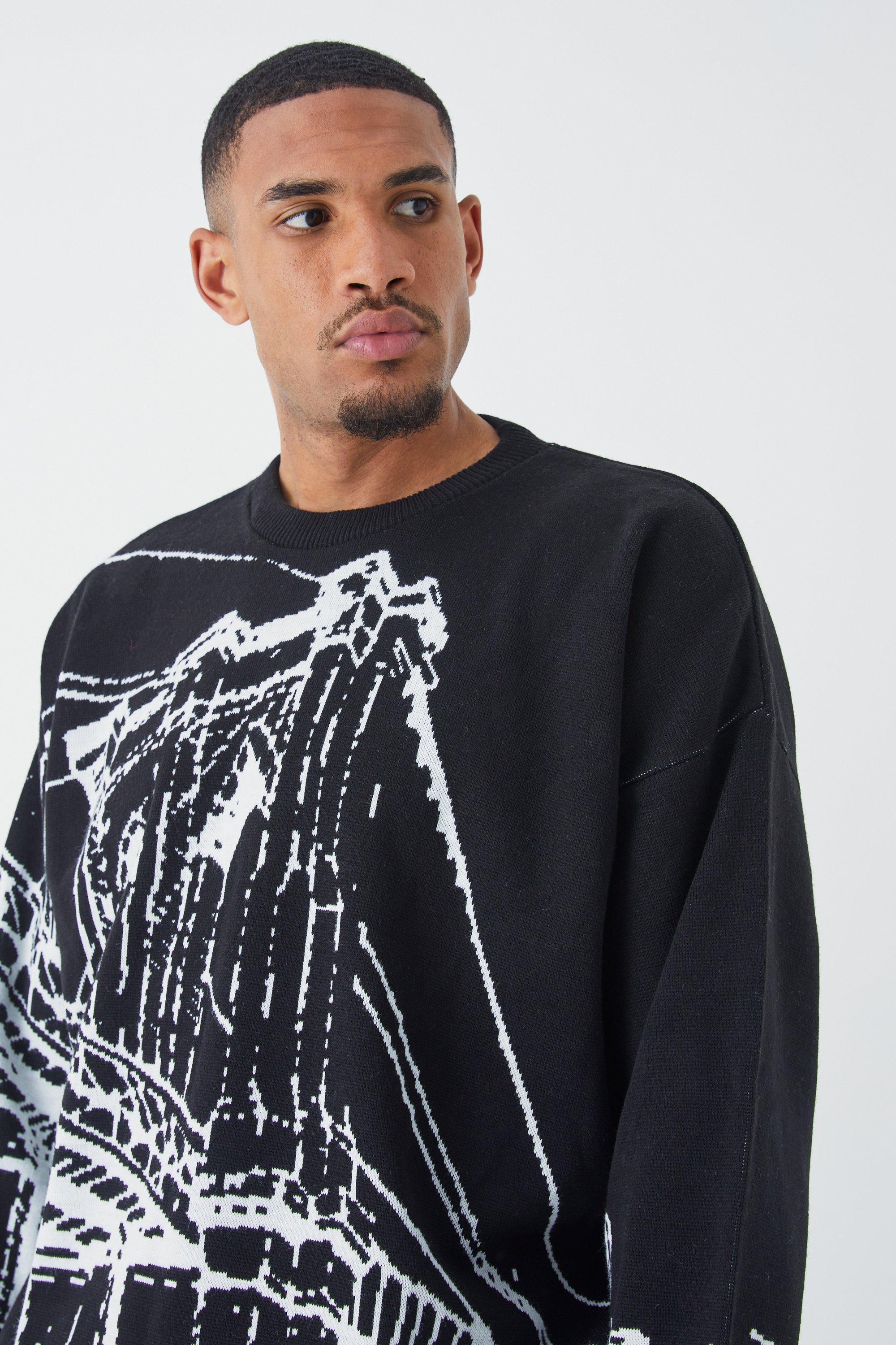 Tall Oversized Drop Shoulder Line Graphic Sweater | boohooMAN USA Product Image