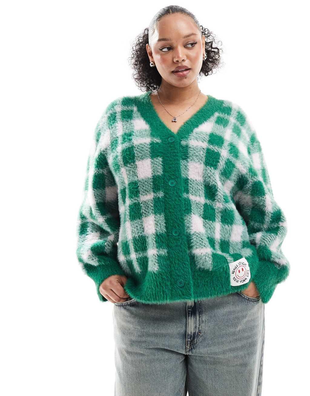 Renee Studio exclusive fluffy button through logo patch cardigan in green check Product Image