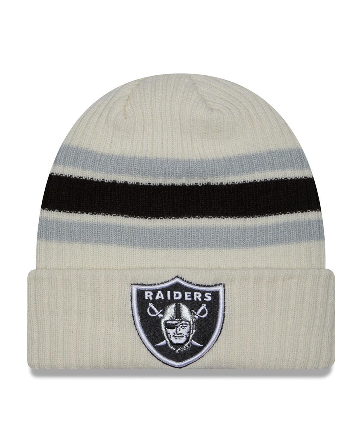 Mens New Era Cream Las Vegas Raiders Team Stripe Cuffed Knit Hat Product Image