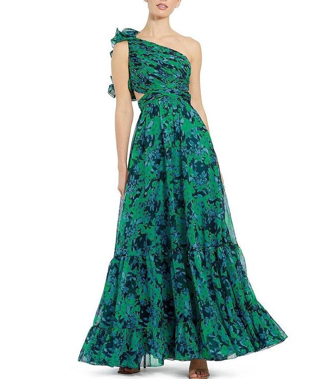 Mac Duggal Floral Print One Shoulder Tiered Ruffled Cut-Out Gown Product Image