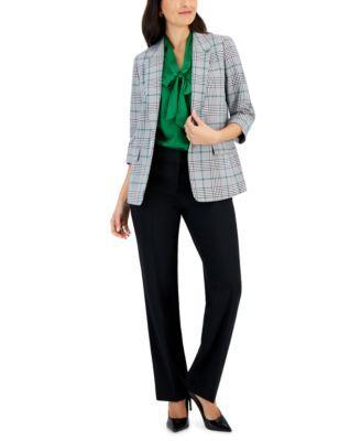 Kasper Womens Plaid Open Jacket Matte Satin Tie Neck Blouse Fly Front Pocket Trousers Product Image