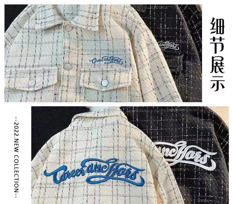 Collared Lettering Embroidered Tweed Button-Up Jacket Product Image